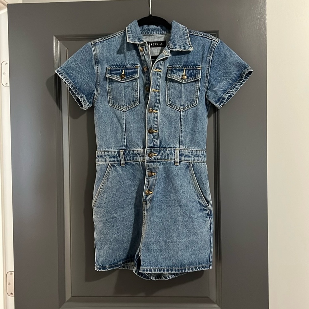 U Know What's Up Romper - princess Polly lioness Jean/denim romper with buttons